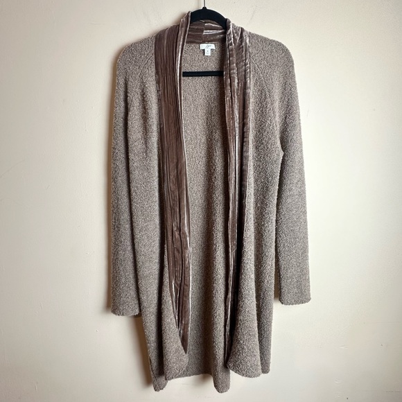 J. Jill Velvet Trim Merino Wool Silk Blend Brown Cardigan Duster Size Medium - Picture 16 of 16